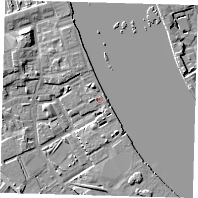 Shaded relief map of the ground around SE83BA, computed from Environment Agency LiDAR. The ground here sits at about 5 m above sea level and falls 8 m across the surrounding 800 m. Surface water reaching this point runs off ground lying to the north-east, 1.0 m higher.