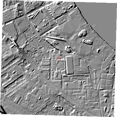 Shaded relief map of the ground around SE83BD, computed from Environment Agency LiDAR. The ground here sits at about 3 m above sea level and falls 9 m across the surrounding 800 m. Surface water reaching this point runs off ground lying to the south-south-east, 2.4 m higher.