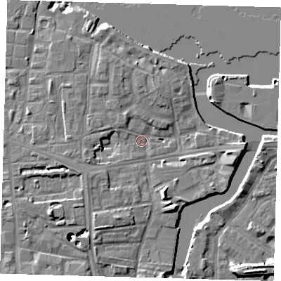 Shaded relief map of the ground around SE83BE, computed from Environment Agency LiDAR. The ground here sits at about 4 m above sea level and falls 43 m across the surrounding 800 m. Surface water reaching this point runs off ground lying to the south-south-east, 6.6 m higher.