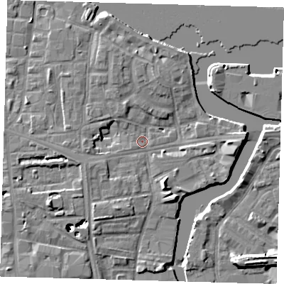 Shaded relief map of the ground around SE83BF, computed from Environment Agency LiDAR. The ground here sits at about 4 m above sea level and falls 43 m across the surrounding 800 m. Surface water reaching this point runs off ground lying to the south-south-east, 6.6 m higher.
