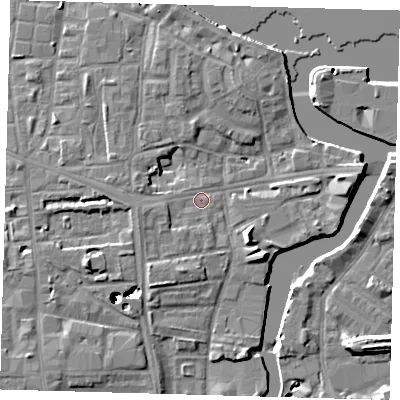 Shaded relief map of the ground around SE83BN, computed from Environment Agency LiDAR. The ground here sits at about 5 m above sea level and falls 43 m across the surrounding 800 m. Surface water reaching this point runs off ground lying to the south-east, 5.9 m higher.