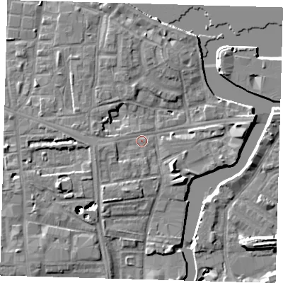 Shaded relief map of the ground around SE83BP, computed from Environment Agency LiDAR. The ground here sits at about 5 m above sea level and falls 43 m across the surrounding 800 m. Surface water reaching this point runs off ground lying to the south-east, 5.9 m higher.