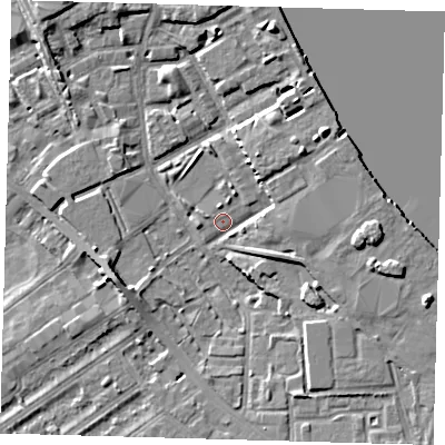 Shaded relief map of the ground around SE83BQ, computed from Environment Agency LiDAR. The ground here sits at about 2 m above sea level and falls 7 m across the surrounding 800 m. Surface water reaching this point runs off ground lying to the east, 5.3 m higher.