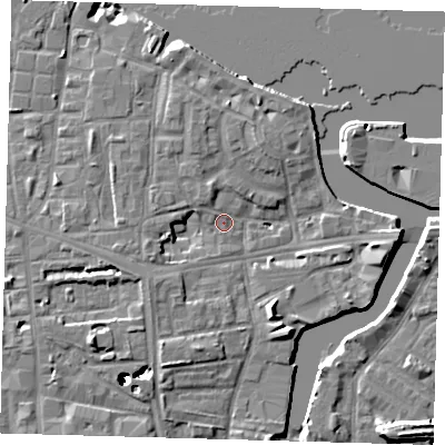 Shaded relief map of the ground around SE83BS, computed from Environment Agency LiDAR. The ground here sits at about 4 m above sea level and falls 43 m across the surrounding 800 m. Surface water reaching this point runs off ground lying to the south-south-east, 6.6 m higher.
