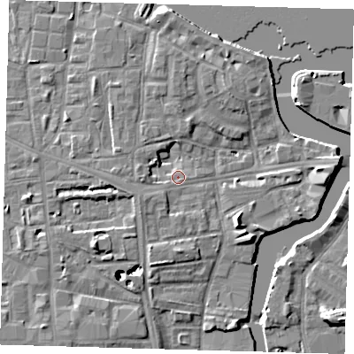 Shaded relief map of the ground around SE83BU, computed from Environment Agency LiDAR. The ground here sits at about 5 m above sea level and falls 43 m across the surrounding 800 m. Surface water reaching this point runs off ground lying to the south-east, 6.6 m higher.