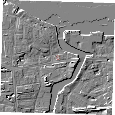 Shaded relief map of the ground around SE83BX, computed from Environment Agency LiDAR. The ground here sits at about 4 m above sea level and falls 43 m across the surrounding 800 m. Surface water reaching this point runs off ground lying to the south-south-west, 5.9 m higher.
