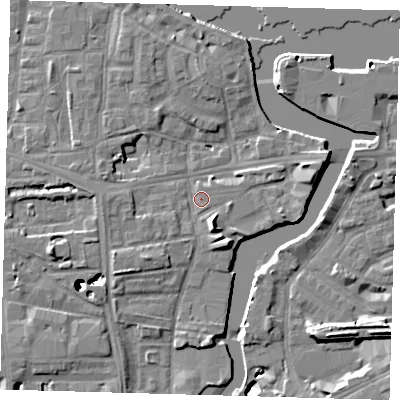 Shaded relief map of the ground around SE83DA, computed from Environment Agency LiDAR. The ground here sits at about 5 m above sea level and falls 43 m across the surrounding 800 m. Surface water reaching this point runs off ground lying to the south-south-east, 4.6 m higher.
