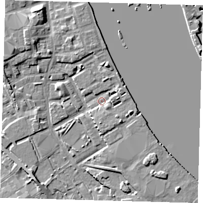 Shaded relief map of the ground around SE83DD, computed from Environment Agency LiDAR. The ground here sits at about 3 m above sea level and falls 8 m across the surrounding 800 m. Surface water reaching this point runs off ground lying to the east-south-east, 5.7 m higher.