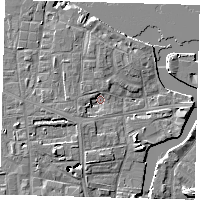 Shaded relief map of the ground around SE83DE, computed from Environment Agency LiDAR. The ground here sits at about 4 m above sea level and falls 43 m across the surrounding 800 m. Surface water reaching this point runs off ground lying to the south-east, 6.6 m higher.
