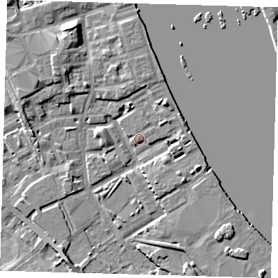 Shaded relief map of the ground around SE83DG, computed from Environment Agency LiDAR. The ground here sits at about 3 m above sea level and falls 7 m across the surrounding 800 m. Surface water reaching this point runs off ground lying to the north-east, 3.9 m higher.