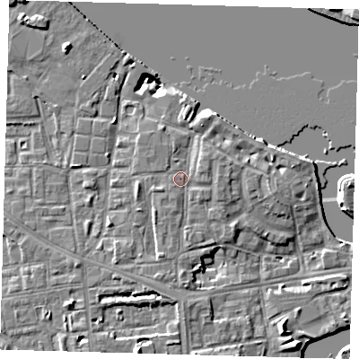 Shaded relief map of the ground around SE83DH, computed from Environment Agency LiDAR. The ground here sits at about 5 m above sea level and falls 10 m across the surrounding 800 m. Surface water reaching this point runs off ground lying to the east, 1.5 m higher.