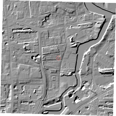 Shaded relief map of the ground around SE83DU, computed from Environment Agency LiDAR. The ground here sits at about 5 m above sea level and falls 43 m across the surrounding 800 m. Surface water reaching this point runs off ground lying to the west, 1.6 m higher.