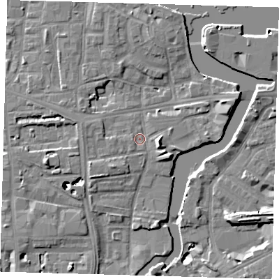 Shaded relief map of the ground around SE83DW, computed from Environment Agency LiDAR. The ground here sits at about 5 m above sea level and falls 43 m across the surrounding 800 m. Surface water reaching this point runs off ground lying to the east, 4.4 m higher.