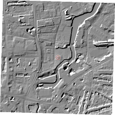 Shaded relief map of the ground around SE83DX, computed from Environment Agency LiDAR. The ground here sits at about 4 m above sea level and falls 45 m across the surrounding 800 m. Surface water reaching this point runs off ground lying to the west-south-west, 2.4 m higher.