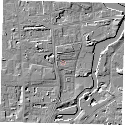 Shaded relief map of the ground around SE83DY, computed from Environment Agency LiDAR. The ground here sits at about 5 m above sea level and falls 43 m across the surrounding 800 m. Surface water reaching this point runs off ground lying to the north-west, 1.9 m higher.