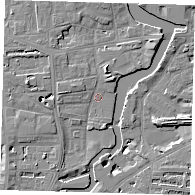 Shaded relief map of the ground around SE83DZ, computed from Environment Agency LiDAR. The ground here sits at about 5 m above sea level and falls 43 m across the surrounding 800 m. Surface water reaching this point runs off ground lying to the south-south-east, 2.2 m higher.