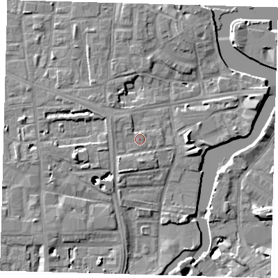 Shaded relief map of the ground around SE83EB, computed from Environment Agency LiDAR. The ground here sits at about 6 m above sea level and falls 43 m across the surrounding 800 m. Surface water reaching this point runs off ground lying to the south-west, 2.2 m higher.