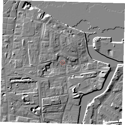 Shaded relief map of the ground around SE83ED, computed from Environment Agency LiDAR. The ground here sits at about 4 m above sea level and falls 43 m across the surrounding 800 m. Surface water reaching this point runs off ground lying to the south-south-east, 6.6 m higher.