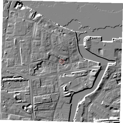 Shaded relief map of the ground around SE83EE, computed from Environment Agency LiDAR. The ground here sits at about 4 m above sea level and falls 43 m across the surrounding 800 m. Surface water reaching this point runs off ground lying to the south, 6.6 m higher.