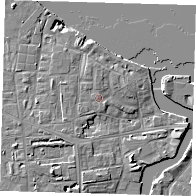 Shaded relief map of the ground around SE83EF, computed from Environment Agency LiDAR. The ground here sits at about 6 m above sea level and falls 43 m across the surrounding 800 m. Surface water reaching this point runs off ground lying to the north, 1.2 m higher.