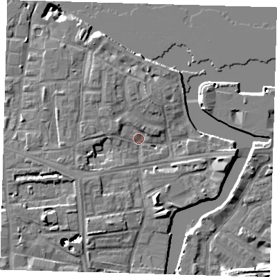 Shaded relief map of the ground around SE83EG, computed from Environment Agency LiDAR. The ground here sits at about 4 m above sea level and falls 43 m across the surrounding 800 m. Surface water reaching this point runs off ground lying to the south-south-east, 6.6 m higher.