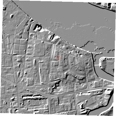 Shaded relief map of the ground around SE83EJ, computed from Environment Agency LiDAR. The ground here sits at about 6 m above sea level and falls 10 m across the surrounding 800 m. Surface water reaching this point runs off ground lying to the east, 1.1 m higher.