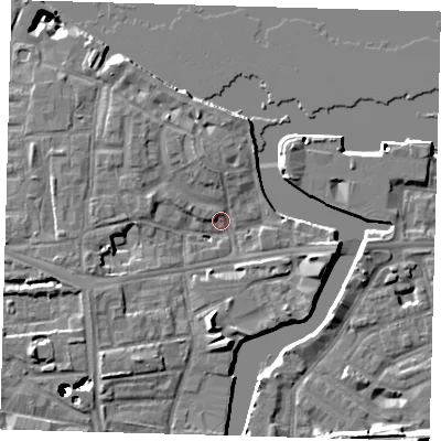 Shaded relief map of the ground around SE83EP, computed from Environment Agency LiDAR. The ground here sits at about 4 m above sea level and falls 43 m across the surrounding 800 m. Surface water reaching this point runs off ground lying to the south, 6.6 m higher.
