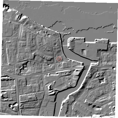 Shaded relief map of the ground around SE83ES, computed from Environment Agency LiDAR. The ground here sits at about 4 m above sea level and falls 43 m across the surrounding 800 m. Surface water reaching this point runs off ground lying to the south-south-west, 6.6 m higher.