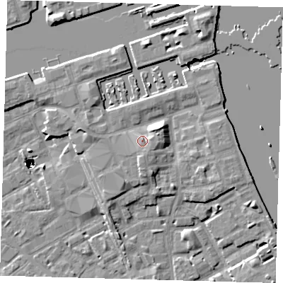 Shaded relief map of the ground around SE83FA, computed from Environment Agency LiDAR. The ground here sits at about 6 m above sea level and falls 47 m across the surrounding 800 m. Surface water reaching this point runs off ground lying to the east-north-east, 2.3 m higher.