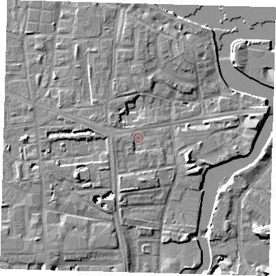 Shaded relief map of the ground around SE83FD, computed from Environment Agency LiDAR. The ground here sits at about 5 m above sea level and falls 43 m across the surrounding 800 m. Surface water reaching this point runs off ground lying to the south-south-west, 2.6 m higher.