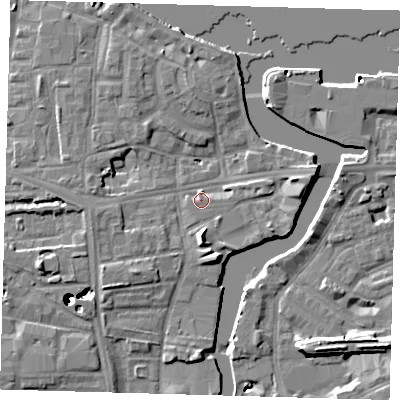 Shaded relief map of the ground around SE83FE, computed from Environment Agency LiDAR. The ground here sits at about 5 m above sea level and falls 43 m across the surrounding 800 m. Surface water reaching this point runs off ground lying to the south, 5.5 m higher.