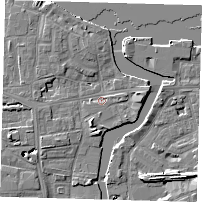 Shaded relief map of the ground around SE83FF, computed from Environment Agency LiDAR. The ground here sits at about 4 m above sea level and falls 43 m across the surrounding 800 m. Surface water reaching this point runs off ground lying to the south-south-west, 5.3 m higher.