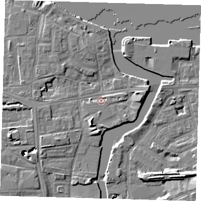 Shaded relief map of the ground around SE83FG, computed from Environment Agency LiDAR. The ground here sits at about 4 m above sea level and falls 43 m across the surrounding 800 m. Surface water reaching this point runs off ground lying to the south-south-west, 5.3 m higher.