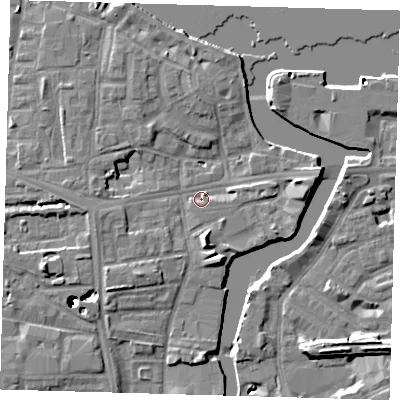 Shaded relief map of the ground around SE83FL, computed from Environment Agency LiDAR. The ground here sits at about 4 m above sea level and falls 43 m across the surrounding 800 m. Surface water reaching this point runs off ground lying to the south, 5.8 m higher.
