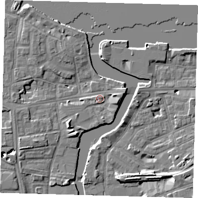 Shaded relief map of the ground around SE83FN, computed from Environment Agency LiDAR. The ground here sits at about 5 m above sea level and falls 43 m across the surrounding 800 m. Surface water reaching this point runs off ground lying to the south-west, 5.0 m higher.
