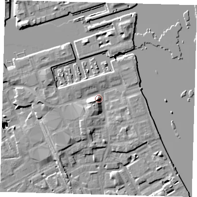 Shaded relief map of the ground around SE83FQ, computed from Environment Agency LiDAR. The ground here sits at about 5 m above sea level and falls 47 m across the surrounding 800 m. Surface water reaching this point runs off ground lying to the west-south-west, 4.7 m higher.