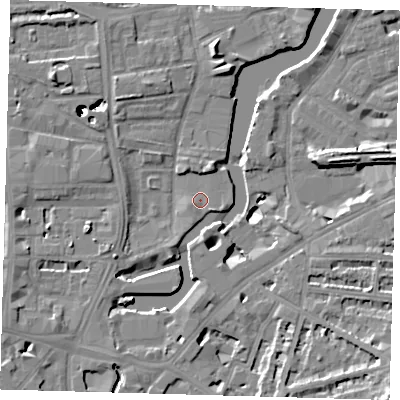 Shaded relief map of the ground around SE83FU, computed from Environment Agency LiDAR. The ground here sits at about 4 m above sea level and falls 47 m across the surrounding 800 m. Surface water reaching this point runs off ground lying to the north-west, 42.6 m higher.