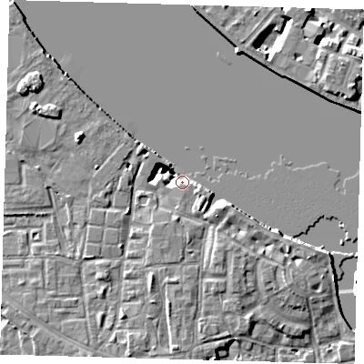 Shaded relief map of the ground around SE83FW, computed from Environment Agency LiDAR. The ground here sits at about 4 m above sea level and falls 8 m across the surrounding 800 m. Surface water reaching this point runs off ground lying to the east-south-east, 3.5 m higher.