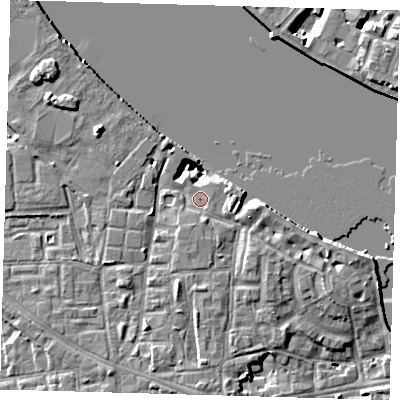 Shaded relief map of the ground around SE83FY, computed from Environment Agency LiDAR. The ground here sits at about 5 m above sea level and falls 8 m across the surrounding 800 m. Surface water reaching this point runs off ground lying to the east-south-east, 2.7 m higher.