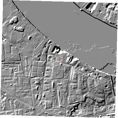 Shaded relief map of the ground around SE83FZ, computed from Environment Agency LiDAR. The ground here sits at about 5 m above sea level and falls 8 m across the surrounding 800 m. Surface water reaching this point runs off ground lying to the east-south-east, 2.7 m higher.