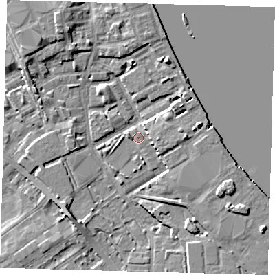 Shaded relief map of the ground around SE83GA, computed from Environment Agency LiDAR. The ground here sits at about 3 m above sea level and falls 7 m across the surrounding 800 m. Surface water reaching this point runs off ground lying to the east-north-east, 6.0 m higher.