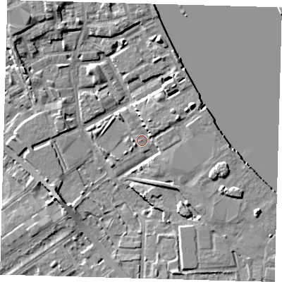 Shaded relief map of the ground around SE83GB, computed from Environment Agency LiDAR. The ground here sits at about 3 m above sea level and falls 6 m across the surrounding 800 m. Surface water reaching this point runs off ground lying to the east-south-east, 5.3 m higher.