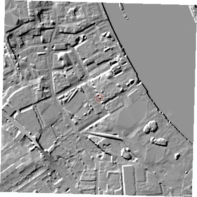 Shaded relief map of the ground around SE83GD, computed from Environment Agency LiDAR. The ground here sits at about 3 m above sea level and falls 6 m across the surrounding 800 m. Surface water reaching this point runs off ground lying to the east-south-east, 5.3 m higher.