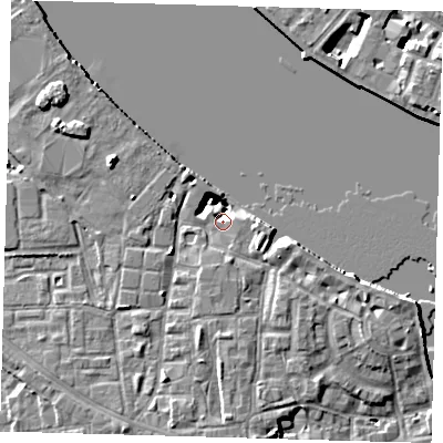 Shaded relief map of the ground around SE83GE, computed from Environment Agency LiDAR. The ground here sits at about 4 m above sea level and falls 8 m across the surrounding 800 m. Surface water reaching this point runs off ground lying to the east-south-east, 2.8 m higher.