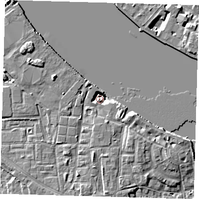 Shaded relief map of the ground around SE83GG, computed from Environment Agency LiDAR. The ground here sits at about 2 m above sea level and falls 8 m across the surrounding 800 m. Surface water reaching this point runs off ground lying to the south-east, 8.0 m higher.