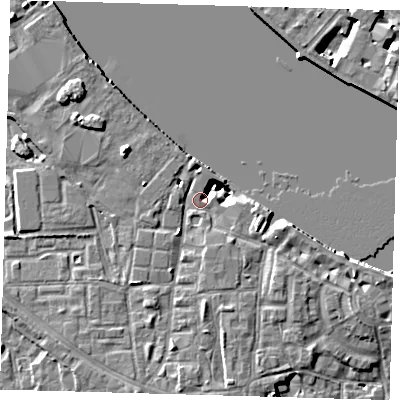 Shaded relief map of the ground around SE83GH, computed from Environment Agency LiDAR. The ground here sits at about 4 m above sea level and falls 8 m across the surrounding 800 m. Surface water reaching this point runs off ground lying to the east-south-east, 8.0 m higher.