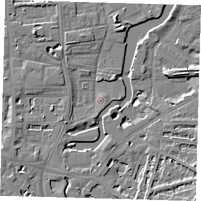Shaded relief map of the ground around SE83GJ, computed from Environment Agency LiDAR. The ground here sits at about 4 m above sea level and falls 46 m across the surrounding 800 m. Surface water reaching this point runs off ground lying to the south-south-west, 2.0 m higher.