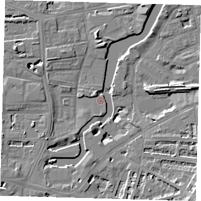 Shaded relief map of the ground around SE83GL, computed from Environment Agency LiDAR. The ground here sits at about 4 m above sea level and falls 48 m across the surrounding 800 m. Surface water reaching this point runs off ground lying to the south-east, 47.3 m higher.