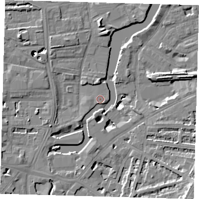 Shaded relief map of the ground around SE83GN, computed from Environment Agency LiDAR. The ground here sits at about 4 m above sea level and falls 47 m across the surrounding 800 m. Surface water reaching this point runs off ground lying to the north-west, 42.6 m higher.