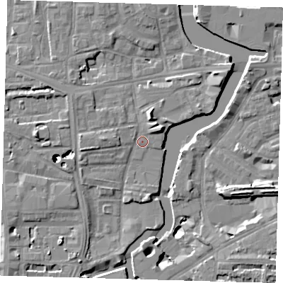 Shaded relief map of the ground around SE83GP, computed from Environment Agency LiDAR. The ground here sits at about 5 m above sea level and falls 43 m across the surrounding 800 m. Surface water reaching this point runs off ground lying to the west, 2.3 m higher.